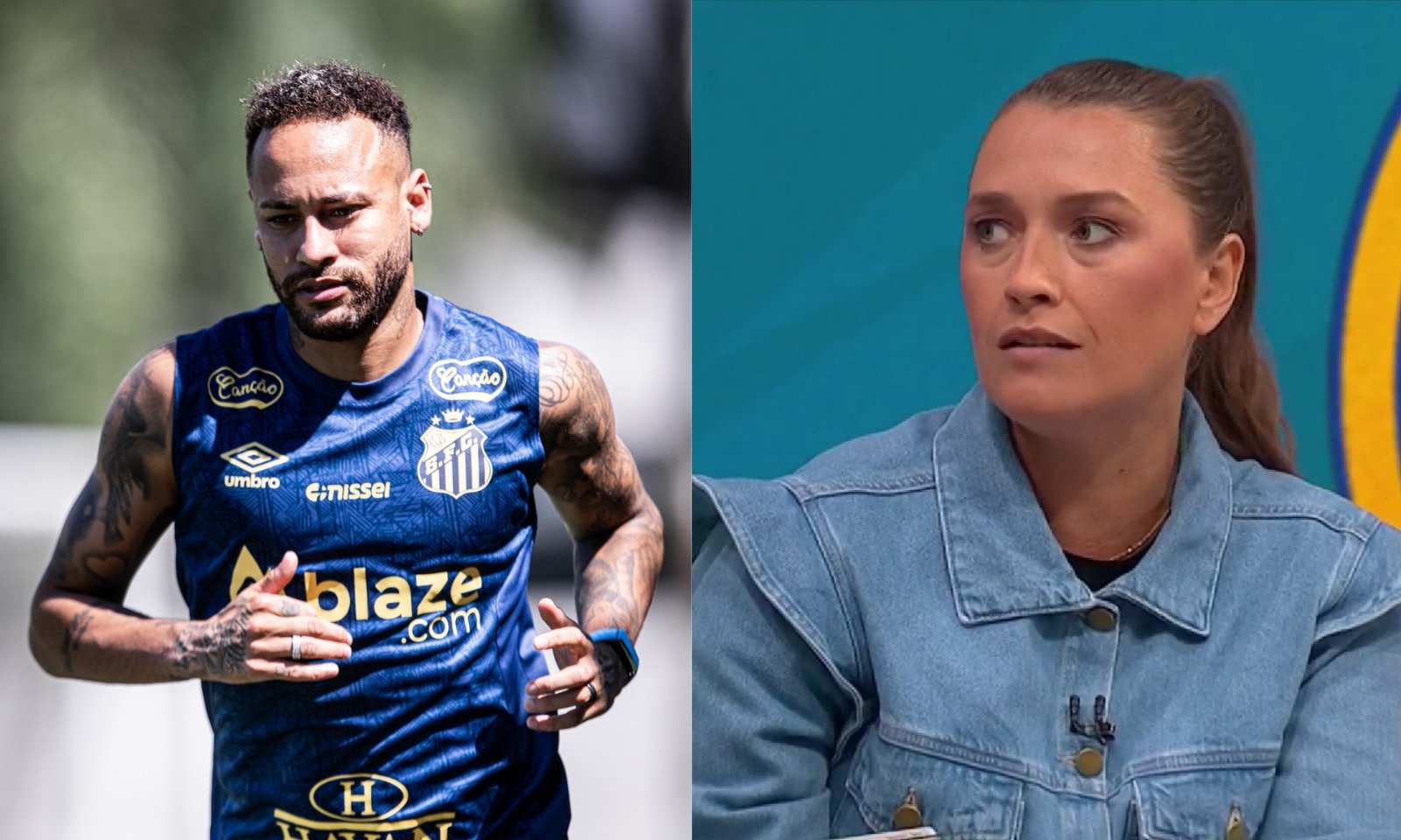 Neymar e Ana Thaís lado a lado (foto: Raul Baretta/ Santos FC e Reprodução / SporTV)