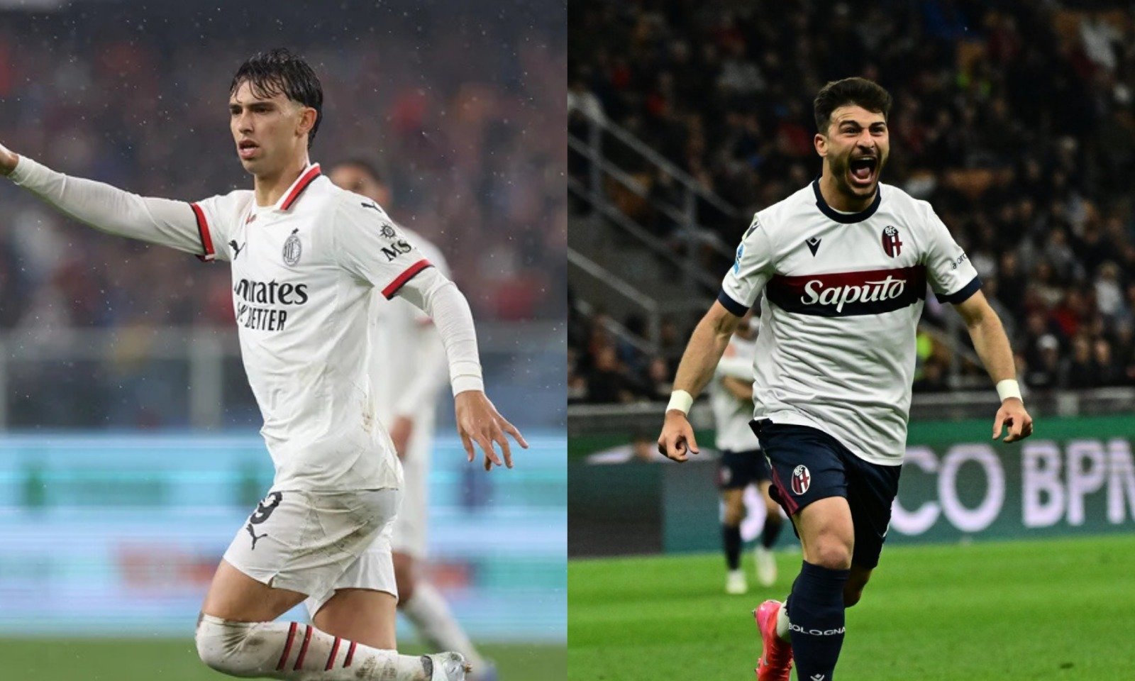 Jogadores de Milan e Bologna em campo (foto: Divulgação / Milan e Divulgação / Bolgna)