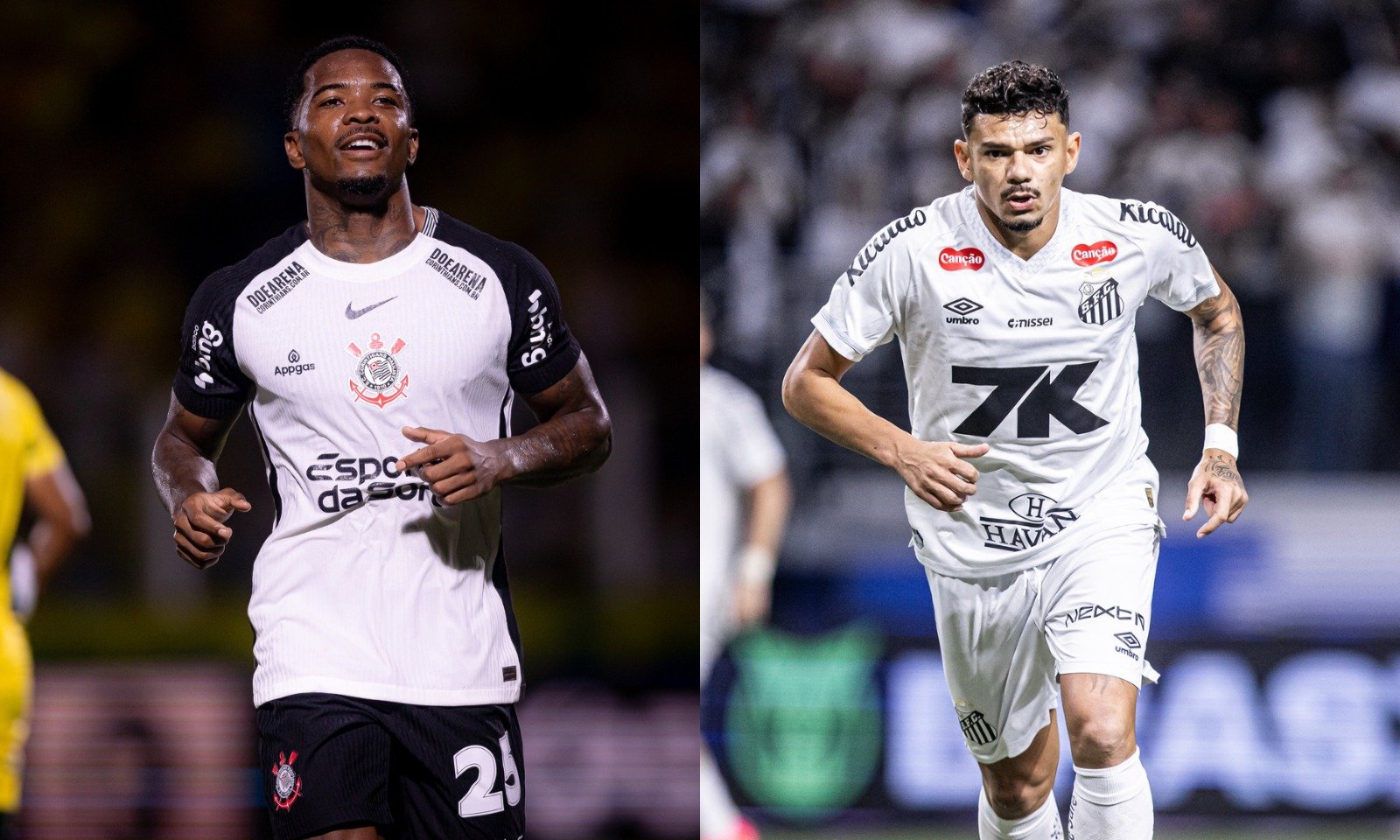 Cacá, do Corinthians, e Tiquinho, do Botafogo, lado a lado (foto: Rodrigo Coca/Agência Corinthians e Raul Baretta/ Santos FC.)