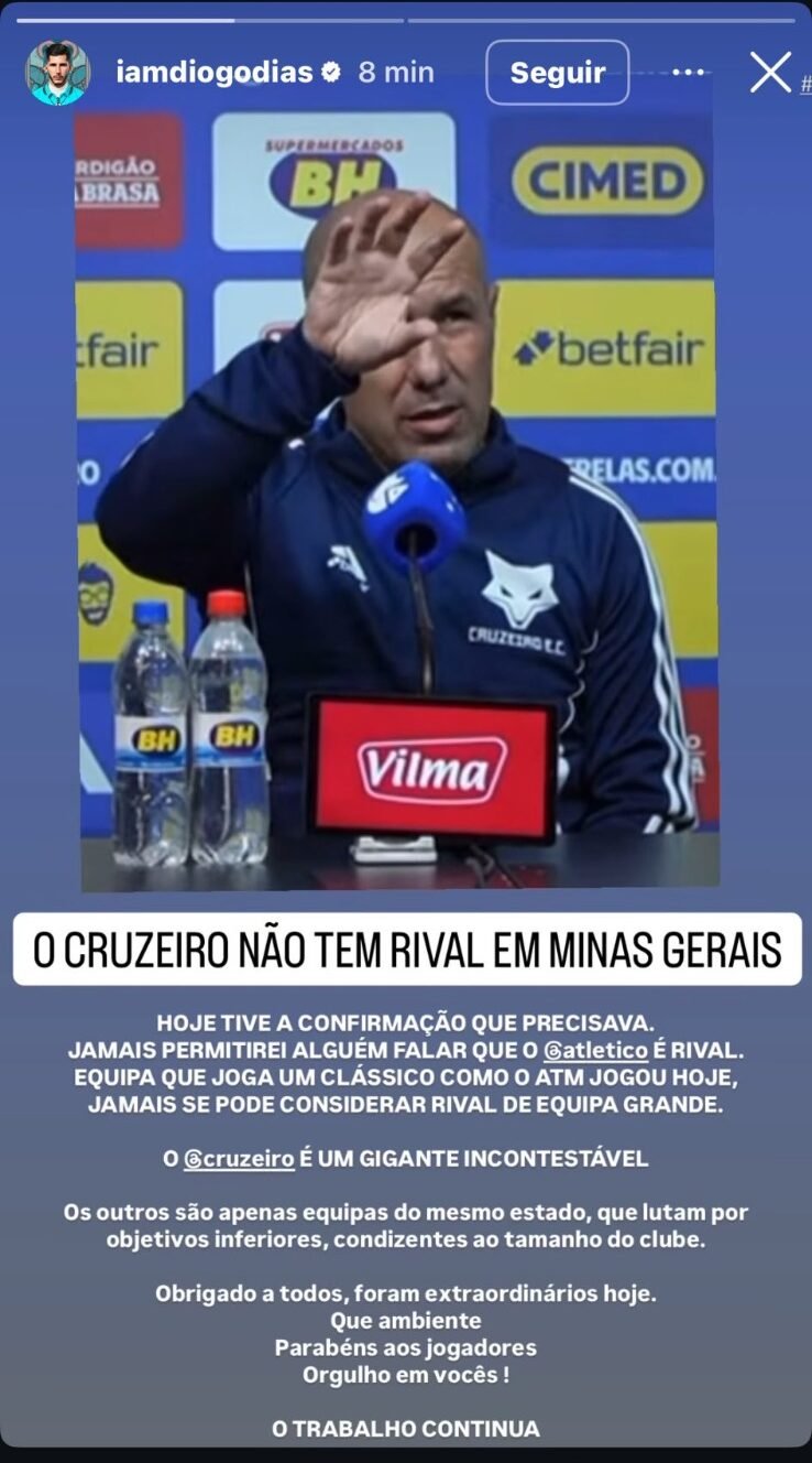 Postagem de Diogo Dias, auxiliar do Cruzeiro