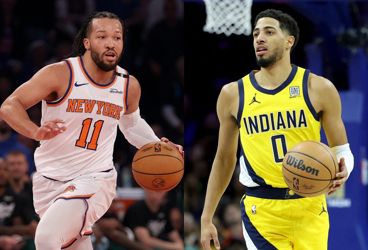Jalen Brunson, do New York Knicks, e Tyrese Haliburton, do Indiana Pacers (foto: Al Bello/AFP - Emilee Chinn/AFP)