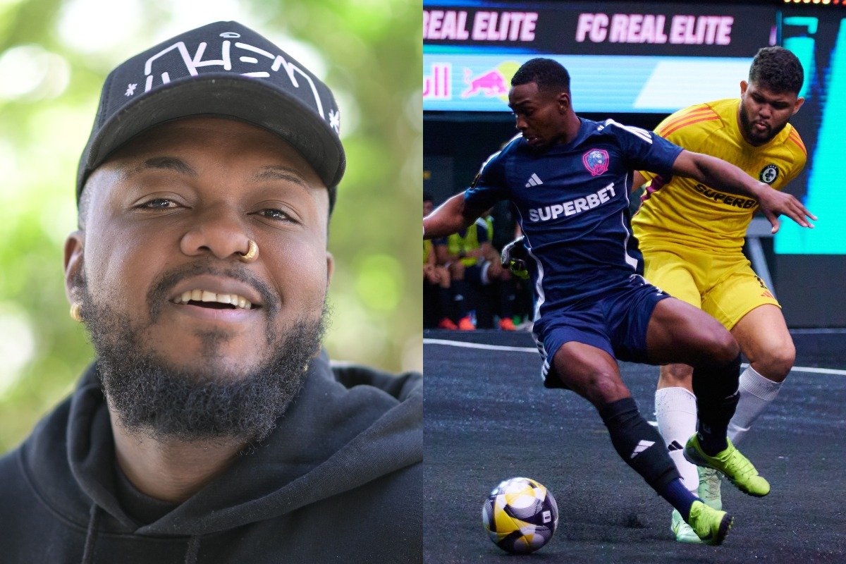 Montagem com foto do rapper Djonga e de um lance da Kings League Brasil (foto: Leandro Couri/EM/D.A - Divulgação / Kings League)