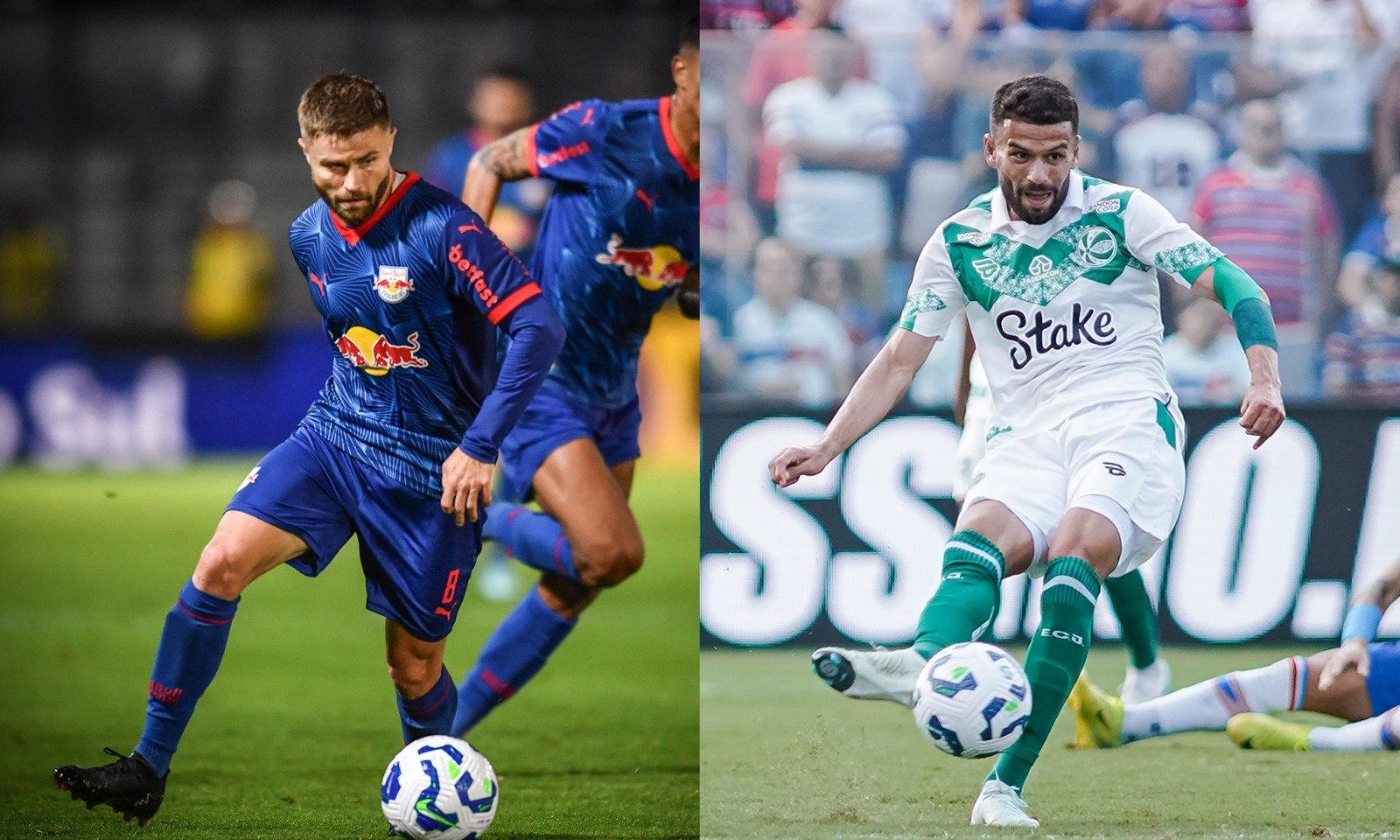 Jogadores de Bragantino e Juventude lado a lado (foto: Ari Ferreira/Red Bull Bragantino e Fernando Alves/ECJ)