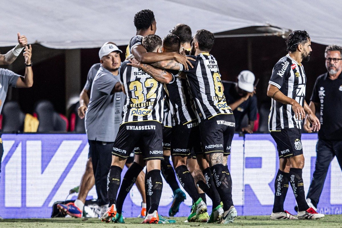 Jogadores do Santos comemoram gol no Barradão (foto: Divulgação/Santos)