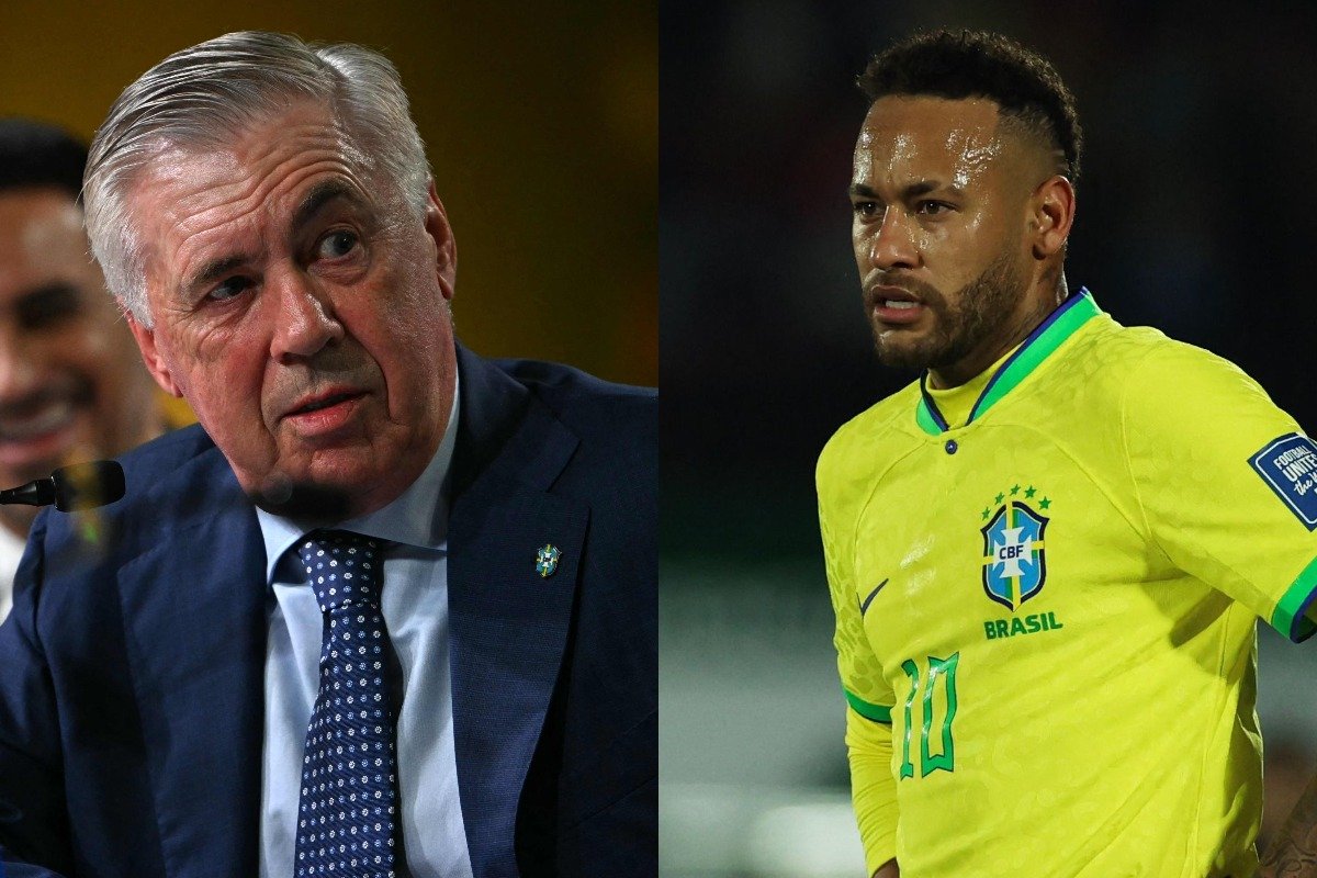 Montagem com foto de Ancelotti e Neymar (foto: Mauro PIMENTEL / AFP - Pablo PORCIUNCULA / AFP 17/10/2023)