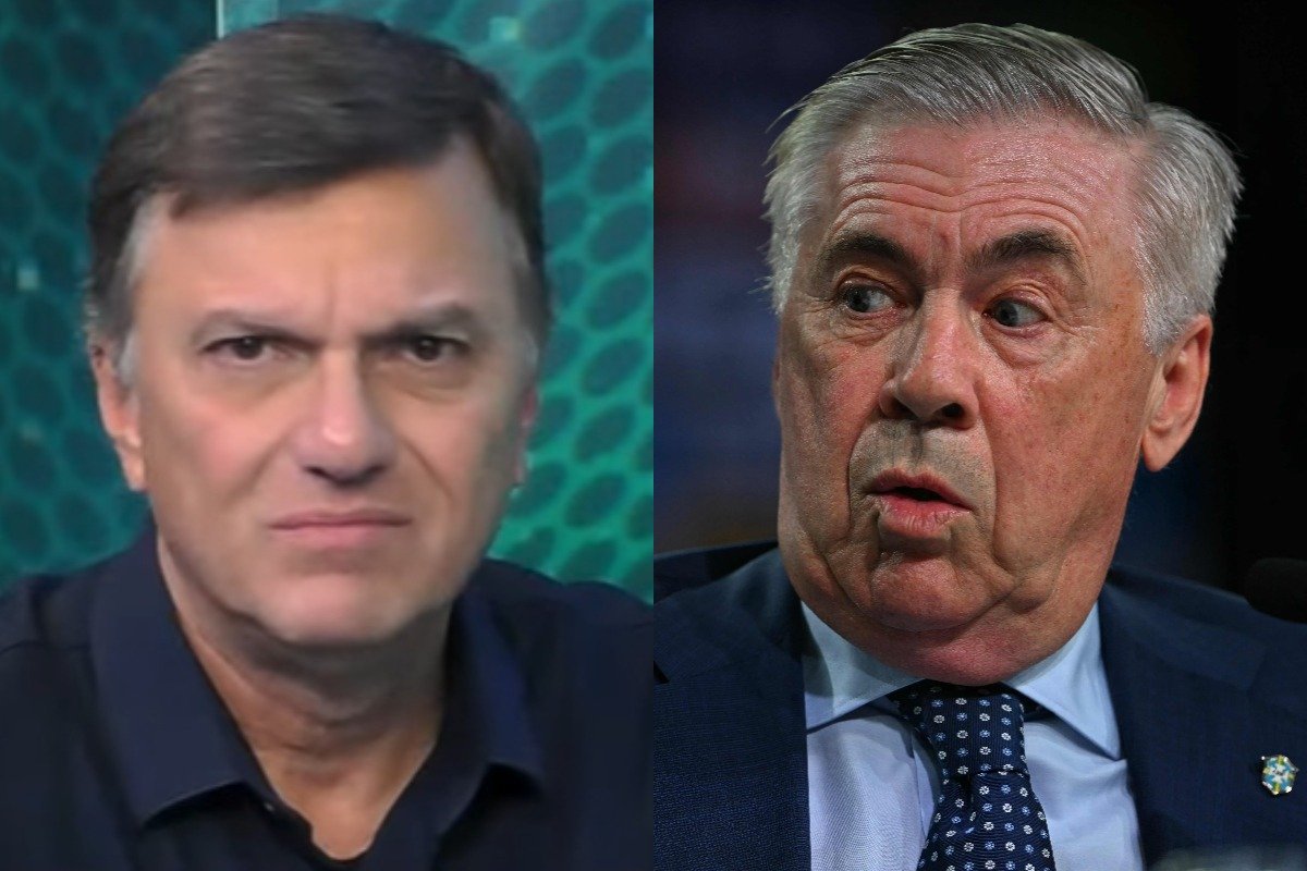 Montagem com foto de Mauro Cezar Pereira e Carlo Ancelotti (foto: Reprodução - Mauro PIMENTEL / AFP)
