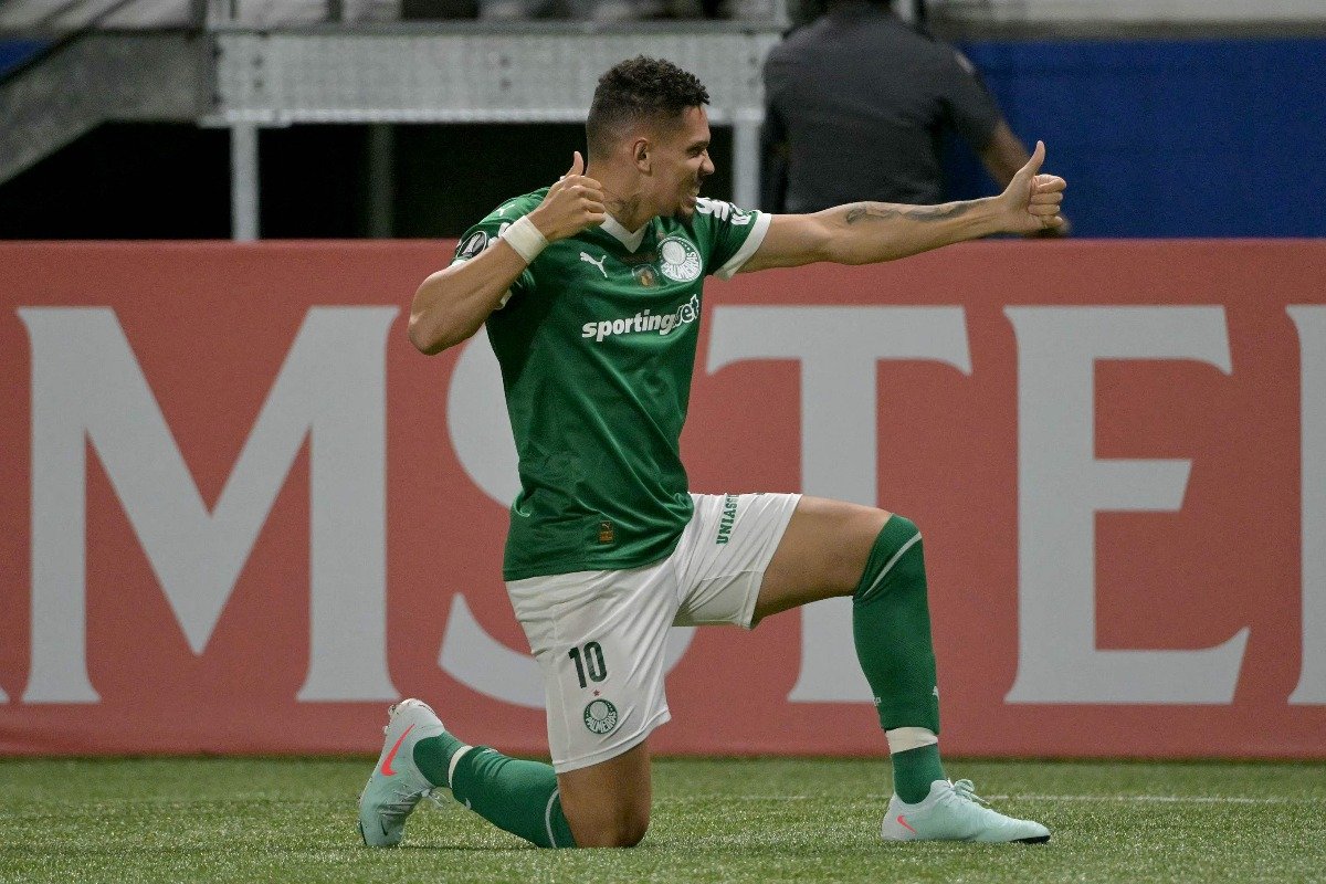 Paulinho comemora gol pelo Palmeiras na Libertadores (foto: NELSON ALMEIDA / AFP)