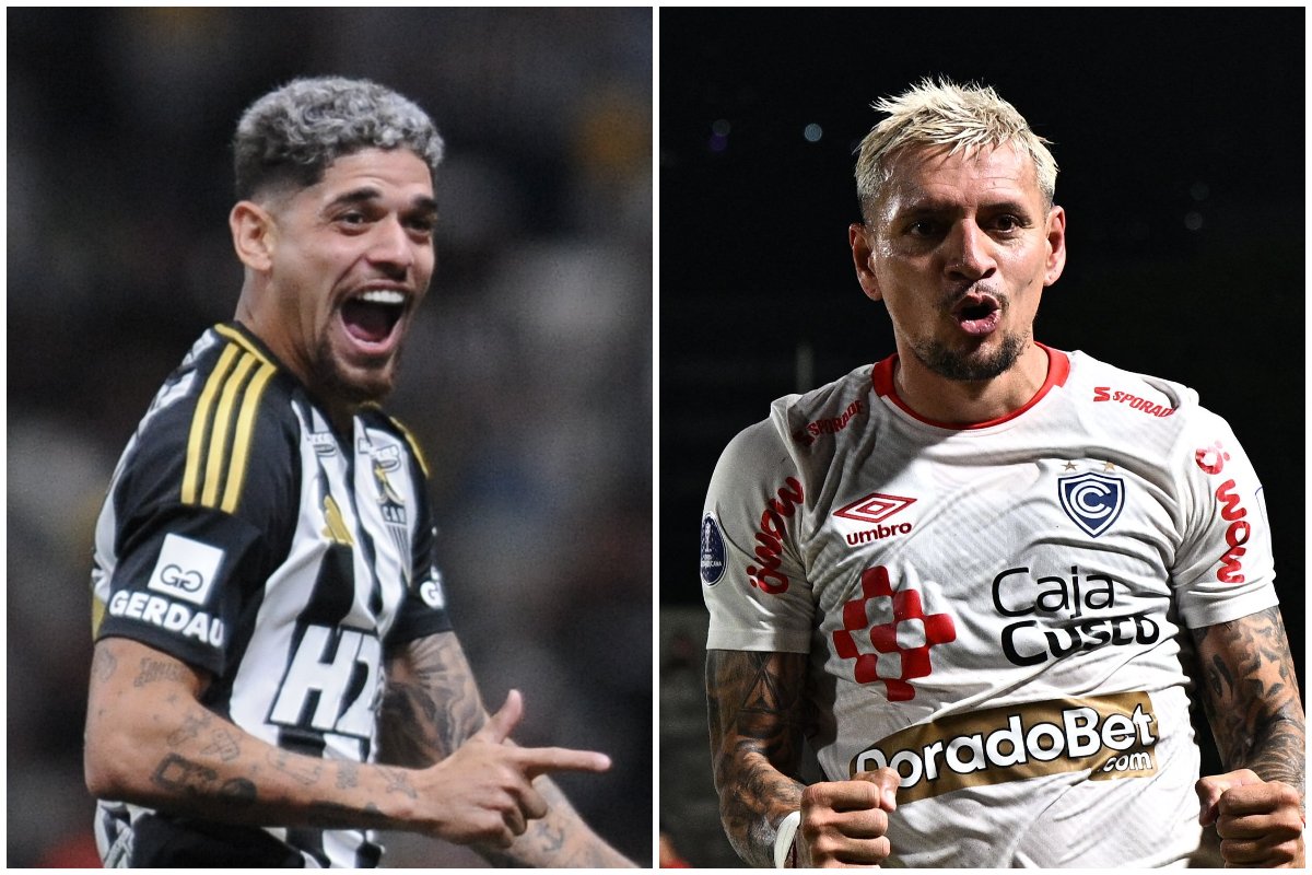 Jogadores de Atlético e Cienciano (foto: Alexandre Guzanshe/EM/D.A. Press e Federico PARRA / AFP)