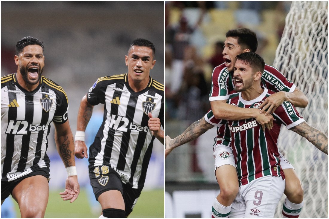 Jogadores de Atlético e Fluminense em comemorações de gols (foto: Montagem com imagens de Alexandre Guzanshe/EM/D.A. Press e Lucas Merçon/Fluminense)
