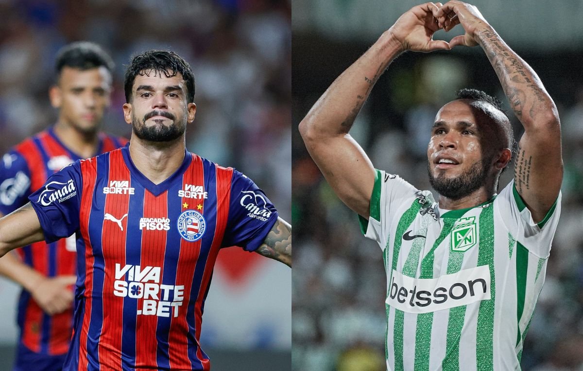Cauly, do Bahia, e André Sarmiento, do Atlético Nacional (foto: Rafael Rodrigues/EC Bahia e Divulgação/Atlético Nacional)