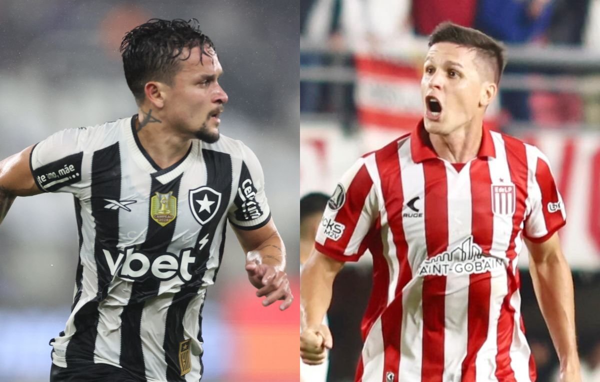 Artur, do Botafogo, e Guido Carrillo, do Estudiantes (foto: Vitor Silva/Botafogo e Divulgação/Estudiantes)