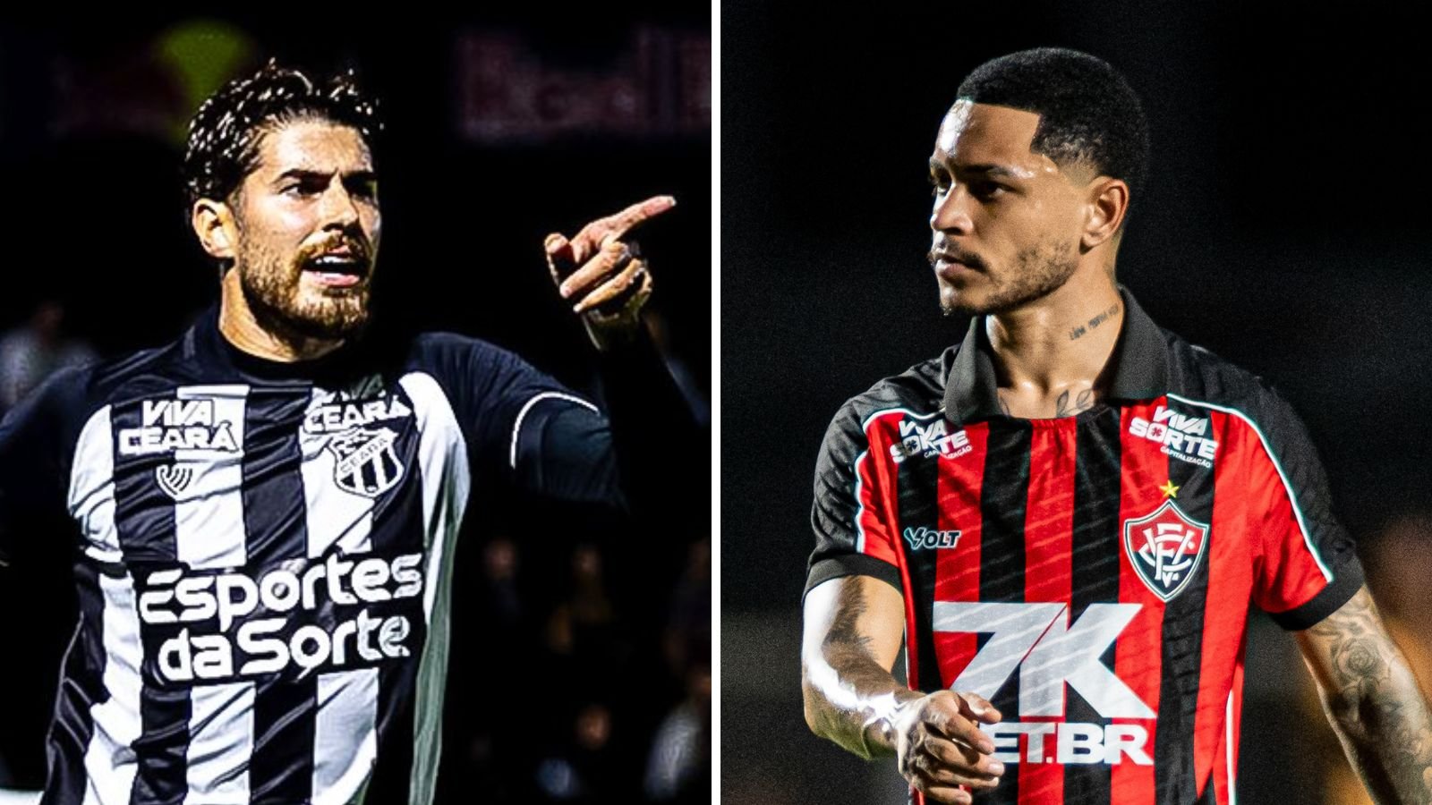 Pedro Raul. do Ceará, e Matheuzinho, do Vitória (foto: Gabriel Silva / Ceará SC e Victor Ferreira/EC Vitória)