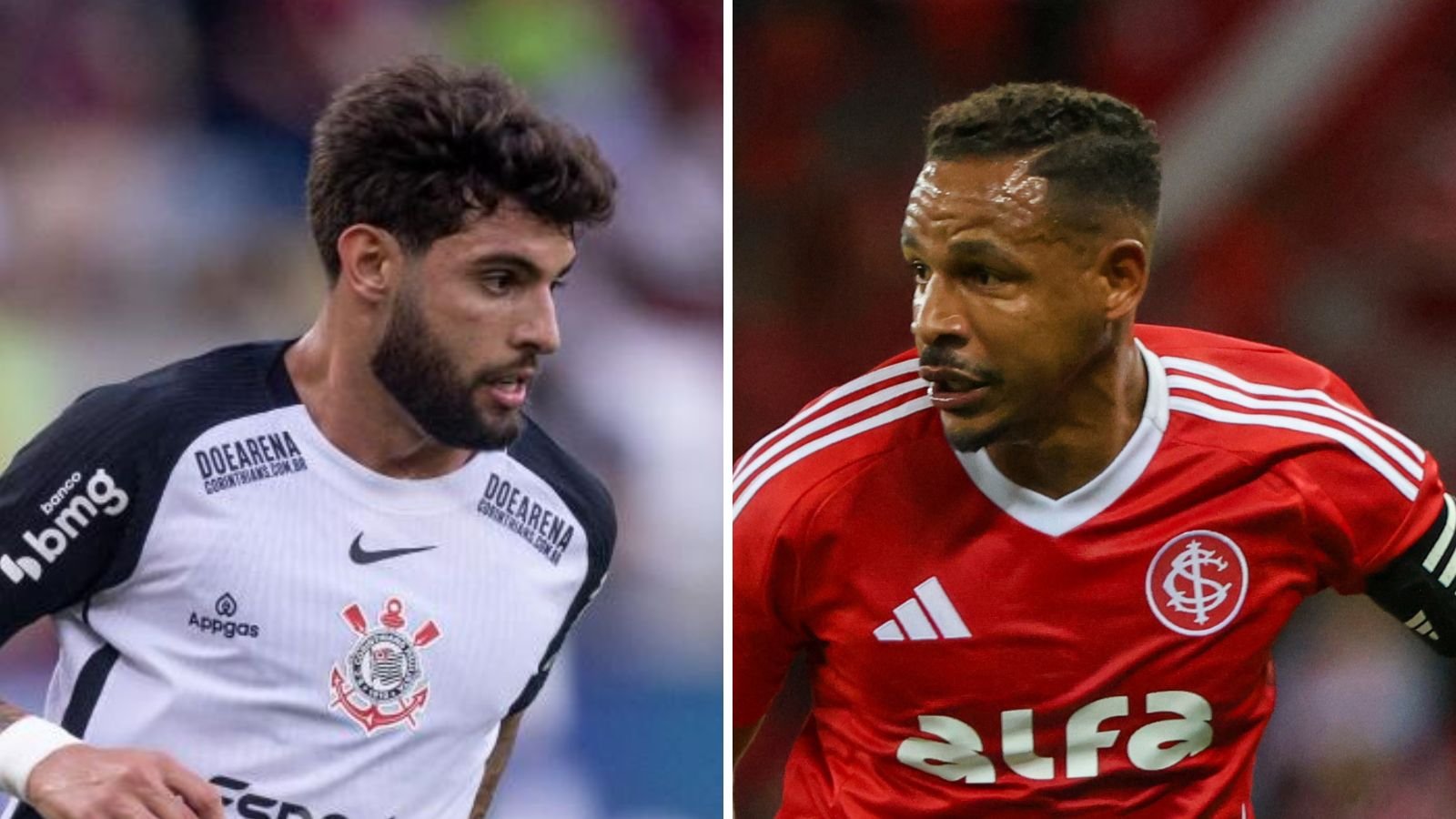 Yuri Alberto, do Corinthians, e Fernando, do Internacional (foto: Rodrigo Coca/Agência Corinthians e Ricardo Duarte/SCI)