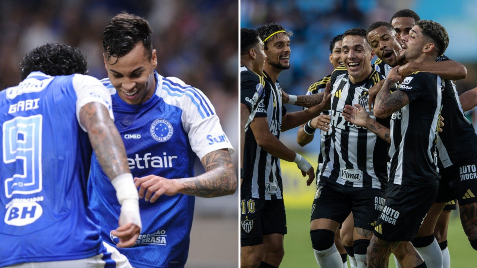 Jogadores de Cruzeiro e Atlético comemorando gols (foto: Alexandre Guzanshe/EM/D.A Press e Pedro Souza/Atlético)
