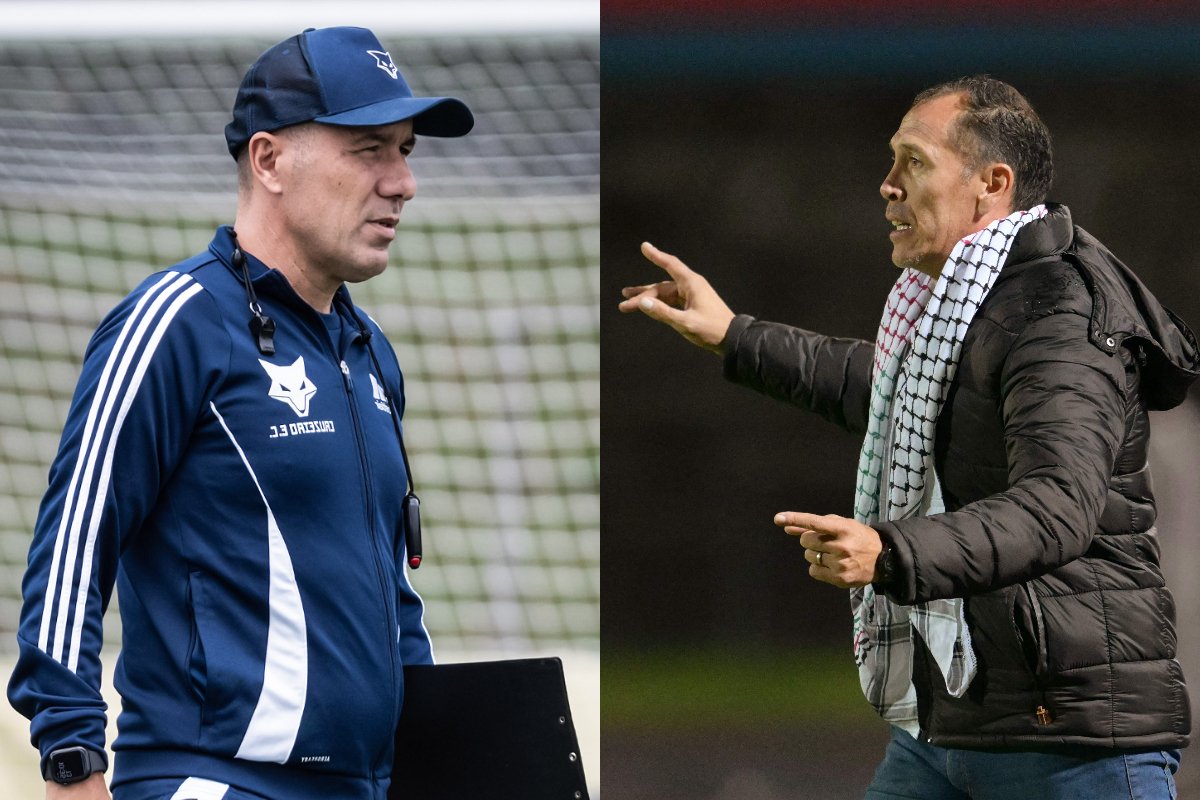 Leonardo Jardim, técnico do Cruzeiro, e Lucas Bovaglio, técnico do Palestino (foto: Gustavo Aleixo/Cruzeiro; Rodrigo Buendia/AFP)