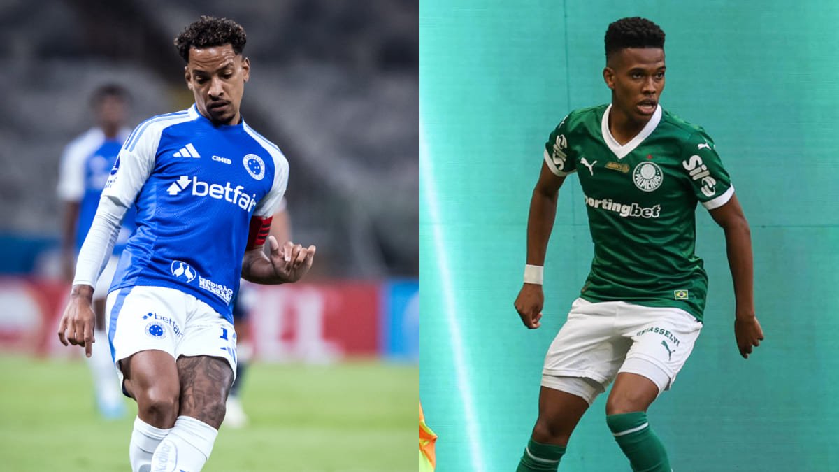 Matheus Pereira, meio-campista do Cruzeiro, e Estêvão, atacante do Palmeiras (foto: Gustavo Aleixo/Cruzeiro; Cesar Greco/Palmeiras)