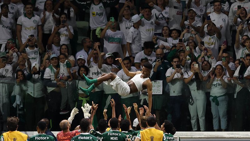 Jogadores do Palmeiras jogam Estêvão para o alto - (foto: Cesar Greco/Palmeiras)