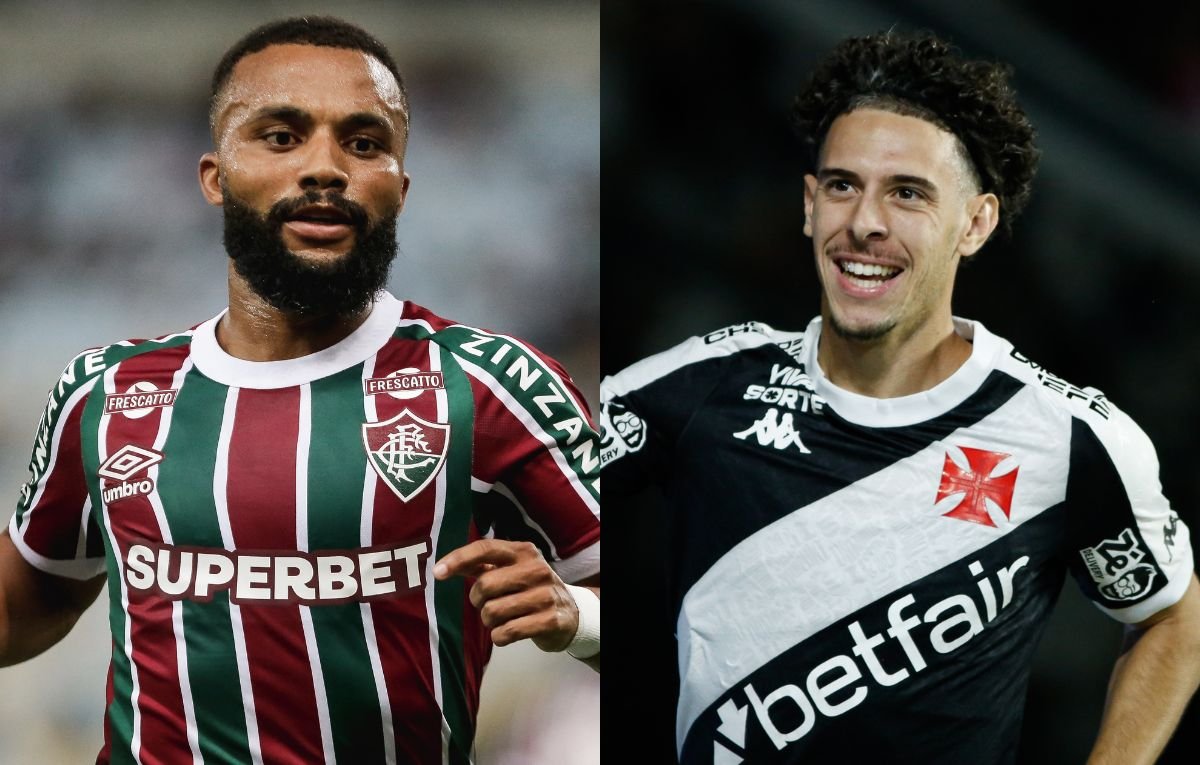 Samuel Xavier, do Fluminense, e Nuno Moreira, do Vasco (foto: LUCAS MERÇON / FLUMINENSE F.C. e Matheus Lima/Vasco.)