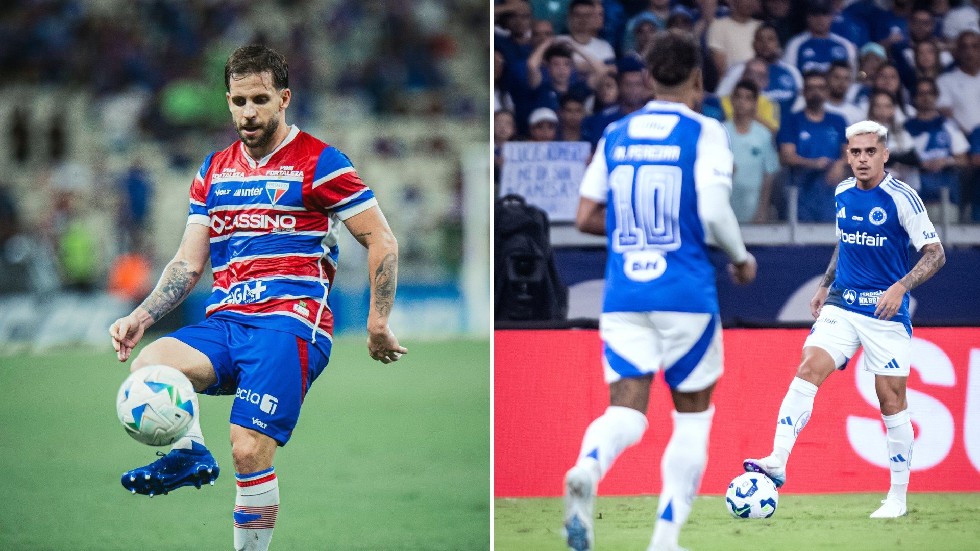 Jogadores de Fortaleza e Cruzeiro em campo (foto: Mateus Lotif/FEC e Gustavo Aleixo/Cruzeiro)