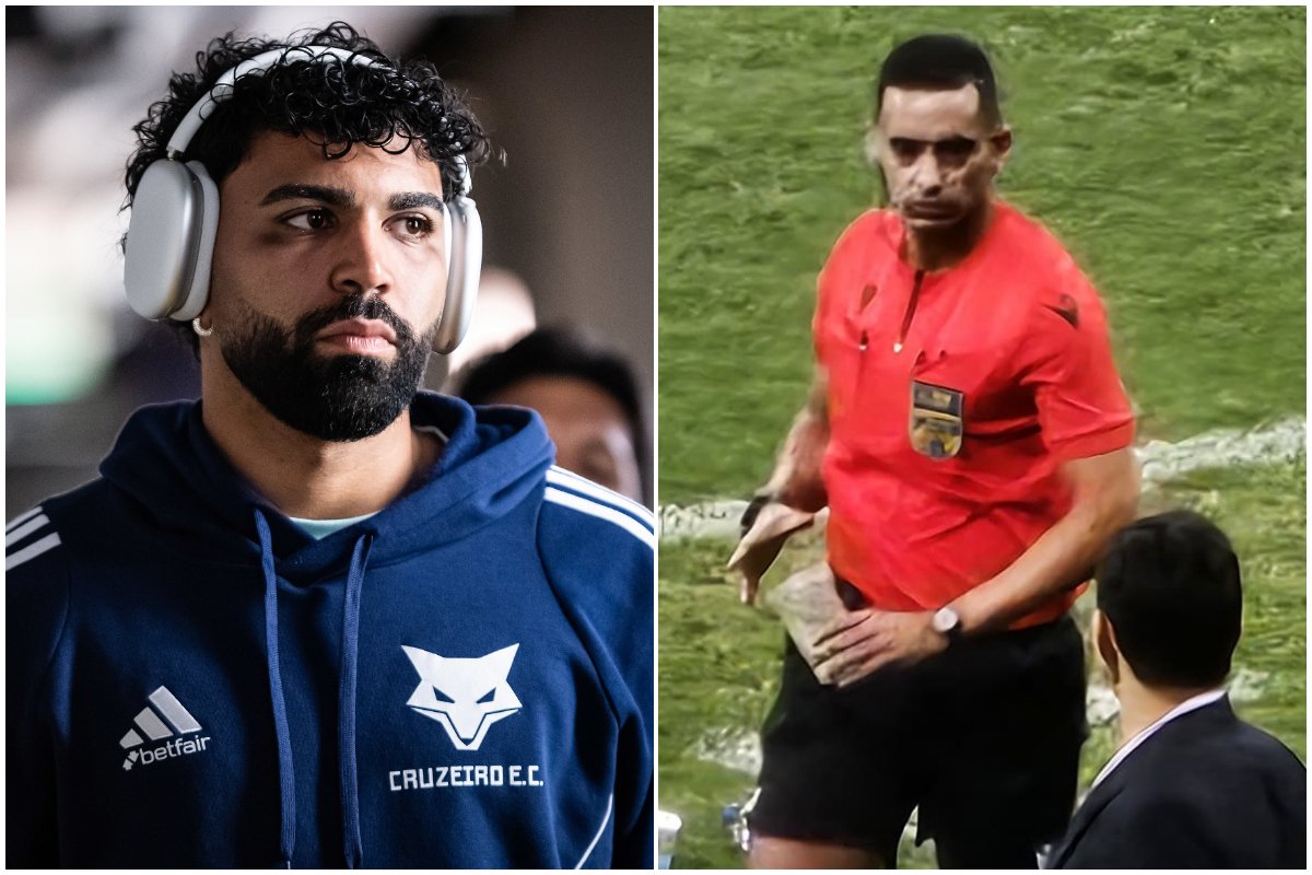 Gabigol não gostou de ver um torcedor do Cruzeiro arremessar um copo no campo do Mineirão (foto: Gustavo Aleixo/Cruzeiro e João Victor Pena/No Ataque)