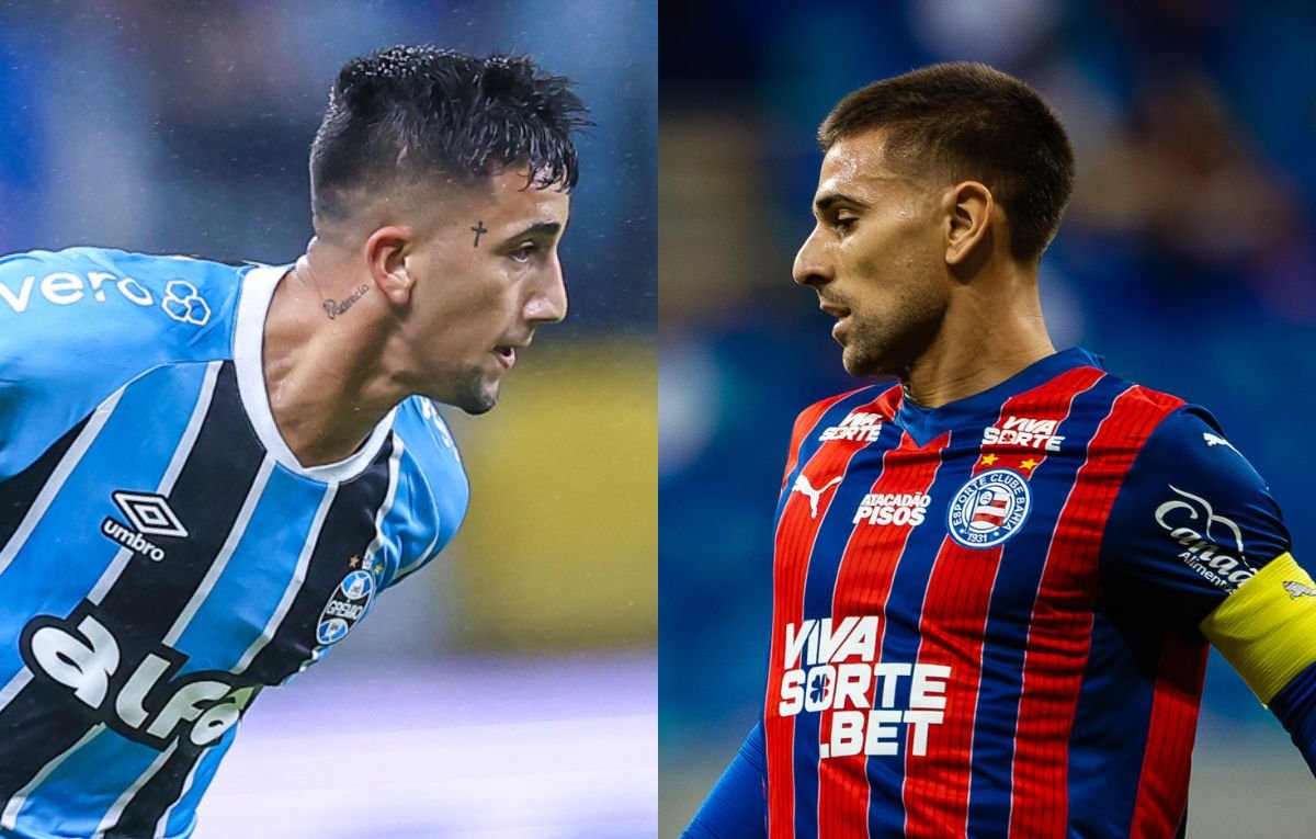Villasanti, do Grêmio, e Acevedo, do Bahia (foto: LUCAS UEBEL/GREMIO FBPA e Letícia Martins/EC Bahia)