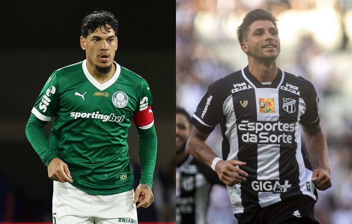 Gustavo Gómez, do Palmeiras, e Lucas Mugni, do Ceará (foto: Cesar Greco/Palmeiras/by Canon e Divulgação/Ceará)