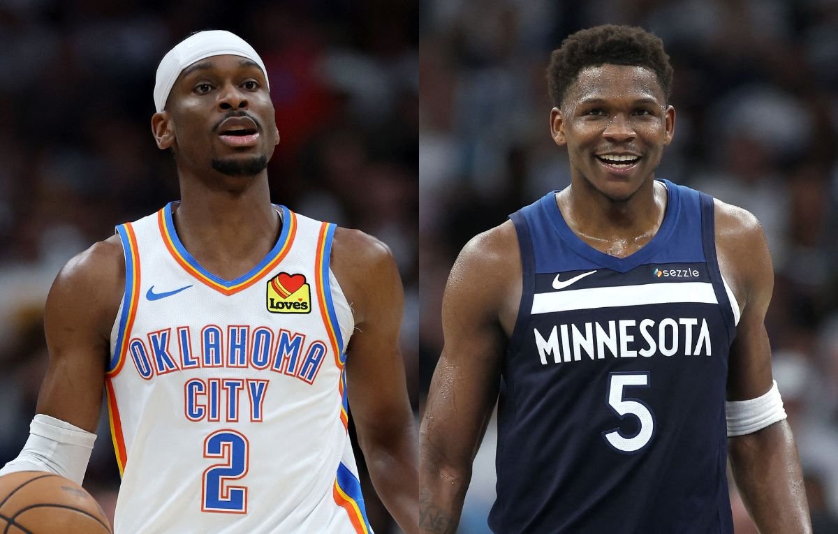 Shai Gilgeous-Alexander, do Oklahoma City Thunder, e Anthony Edwards, do Minnesota Timberwolves (foto: MATTHEW STOCKMAN / GETTY IMAGES NORTH AMERICA / Getty Images via AFP e Ellen Schmidt / GETTY IMAGES NORTH AMERICA / Getty Images via AFP)