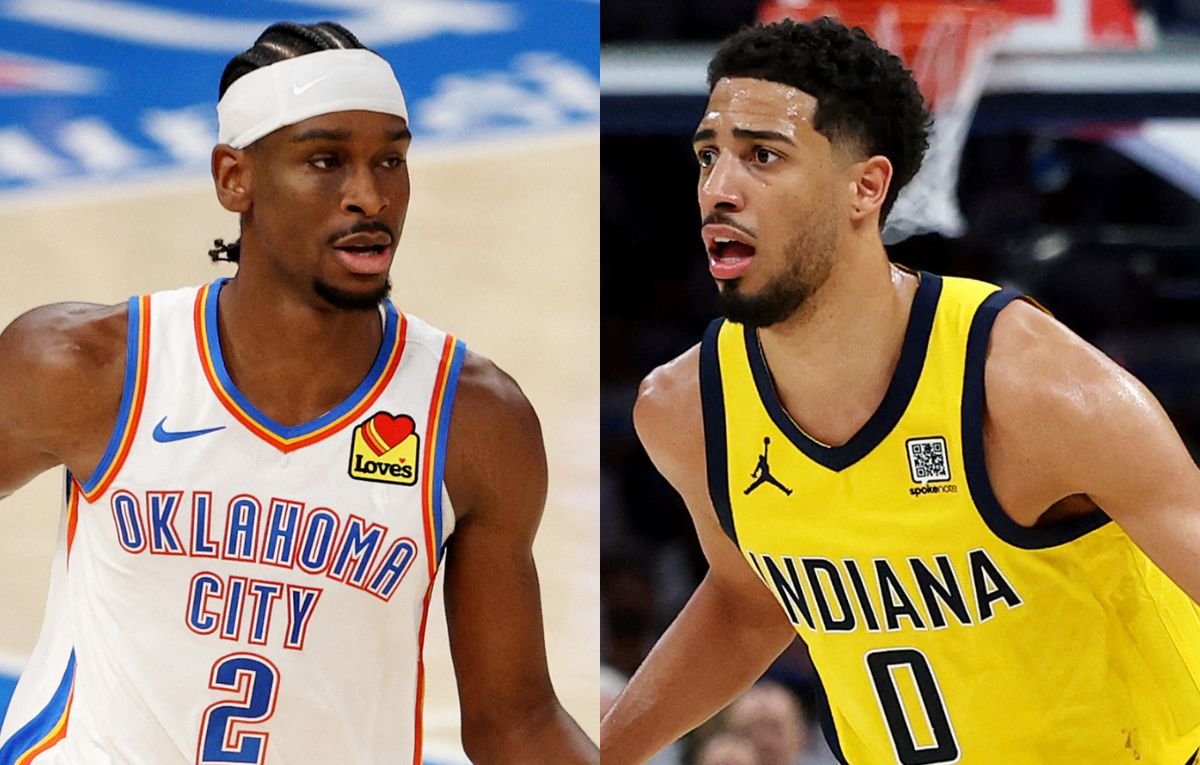 Shai Gilgeous-Alexander, do Oklahoma City Thunder, e Tyrese Haliburton, do Indiana Pacers (foto: William Purnell / GETTY IMAGES NORTH AMERICA / Getty Images via AFP e MATTHEW STOCKMAN / GETTY IMAGES NORTH AMERICA / Getty Images via AFP)