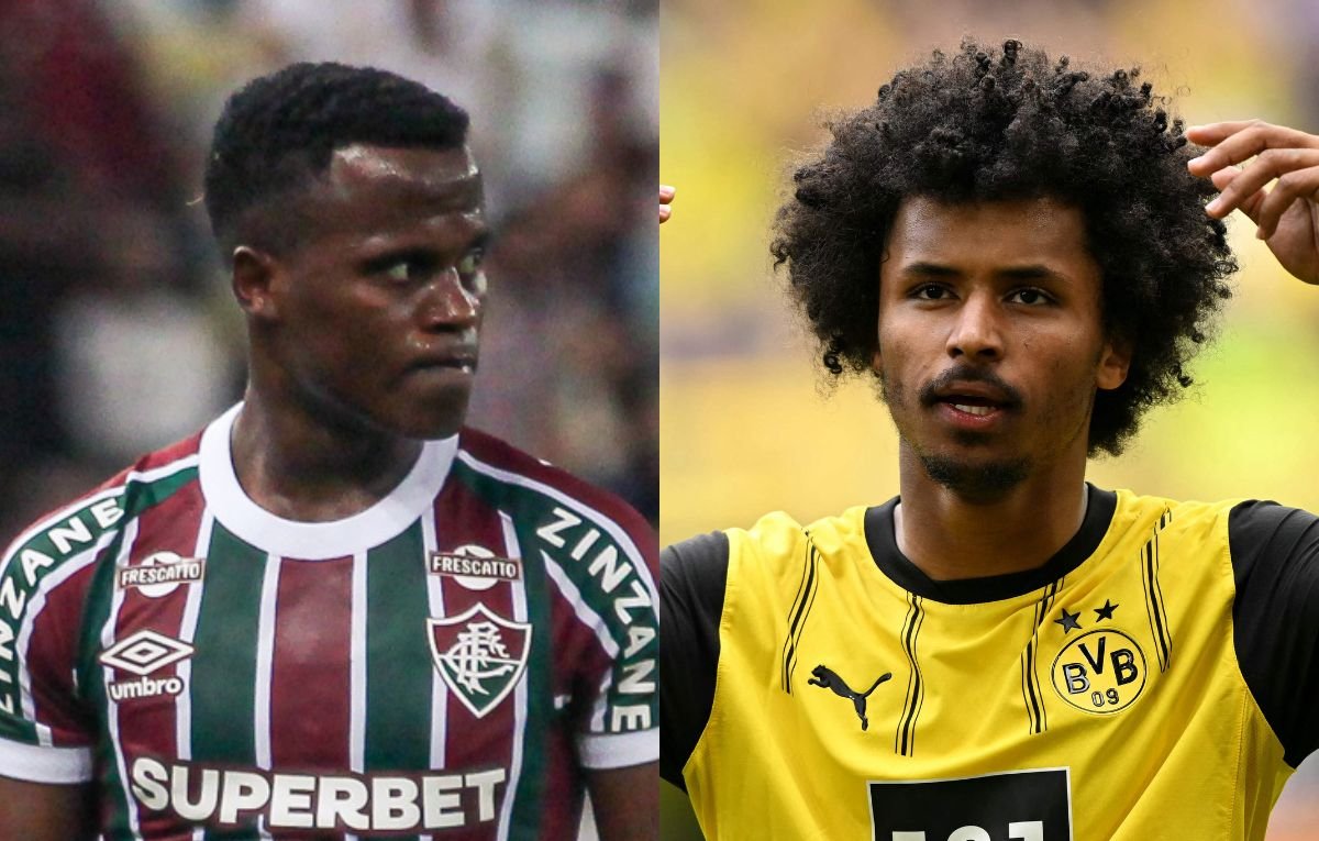 Jhon Arias, do Fluminense, e Karim Adeyemi, do Borussia Dortmund (foto: LEONARDO BRASIL / FLUMINENSE F.C. e INA FASSBENDER / AFP)