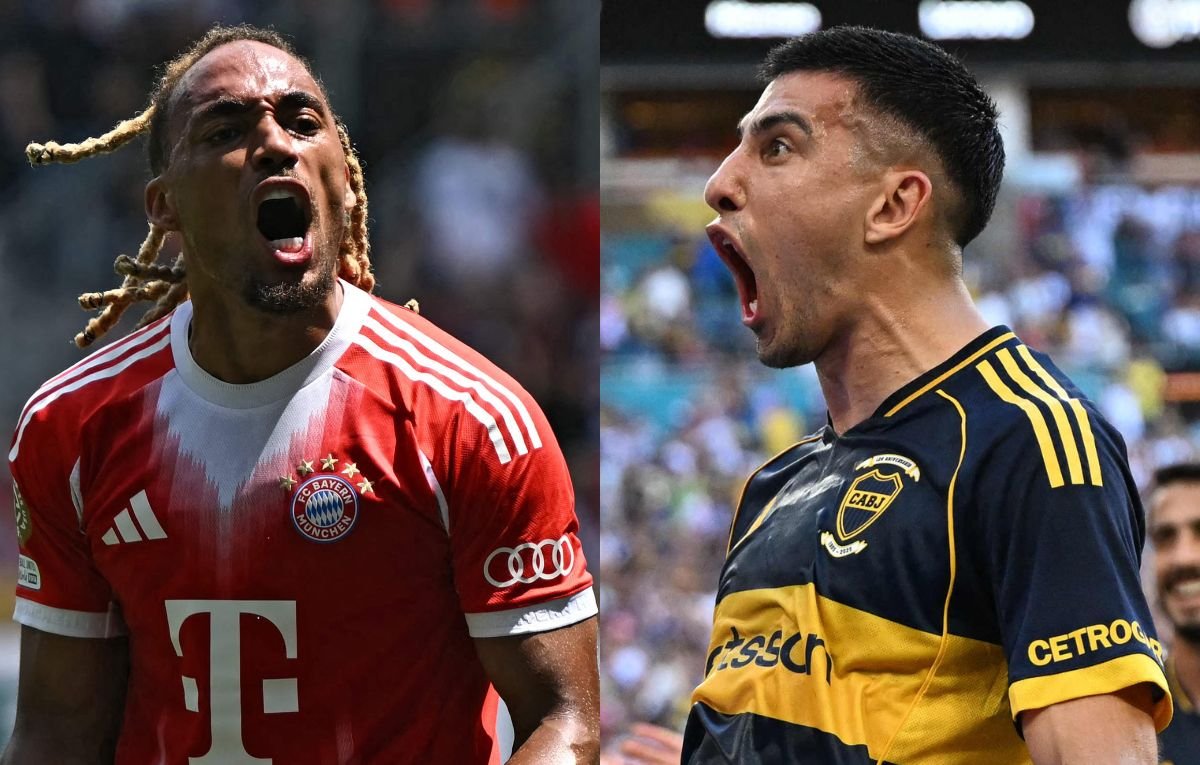 Sacha Boey, do Bayern de Munique, e Rodrigo Battaglia, do Boca Juniors (foto: Paul ELLIS / AFP e PATRICIA DE MELO MOREIRA / AFP)