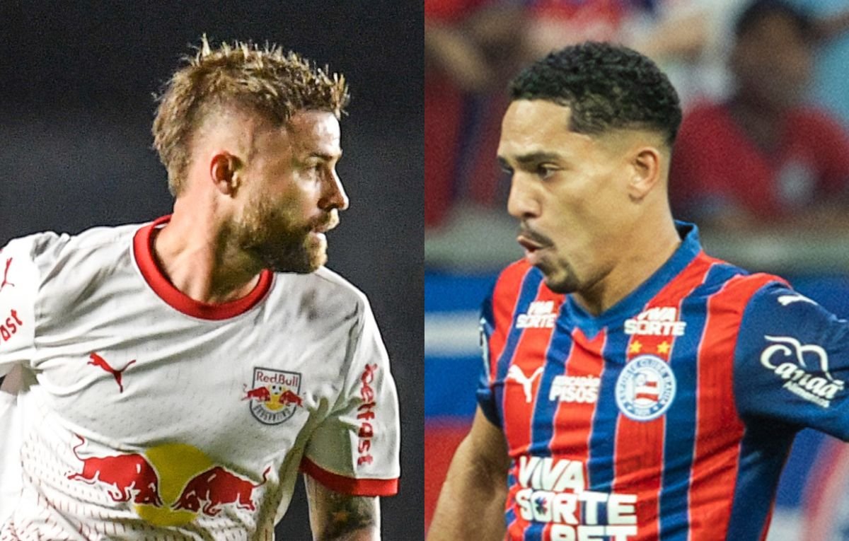 Eduardo Sasha, do Bragantino, e Gilberto, do Bahia (foto: Ari Ferreira/Red Bull Bragantino. e Rafael Rodrigues / EC Bahia)