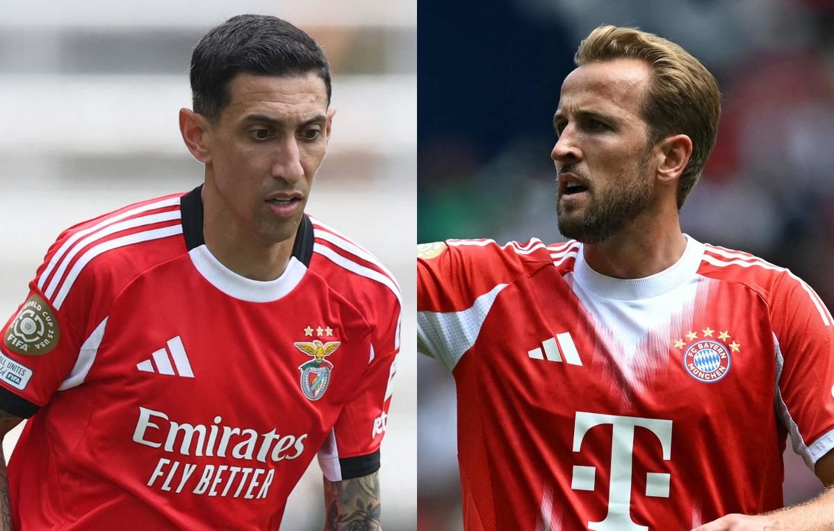 Di María, do Benfica, e Harry Kane, do Bayern de Munique (foto: ALEX GRIMM / GETTY IMAGES NORTH AMERICA / Getty Images via AFP) e Paul ELLIS / AFP)