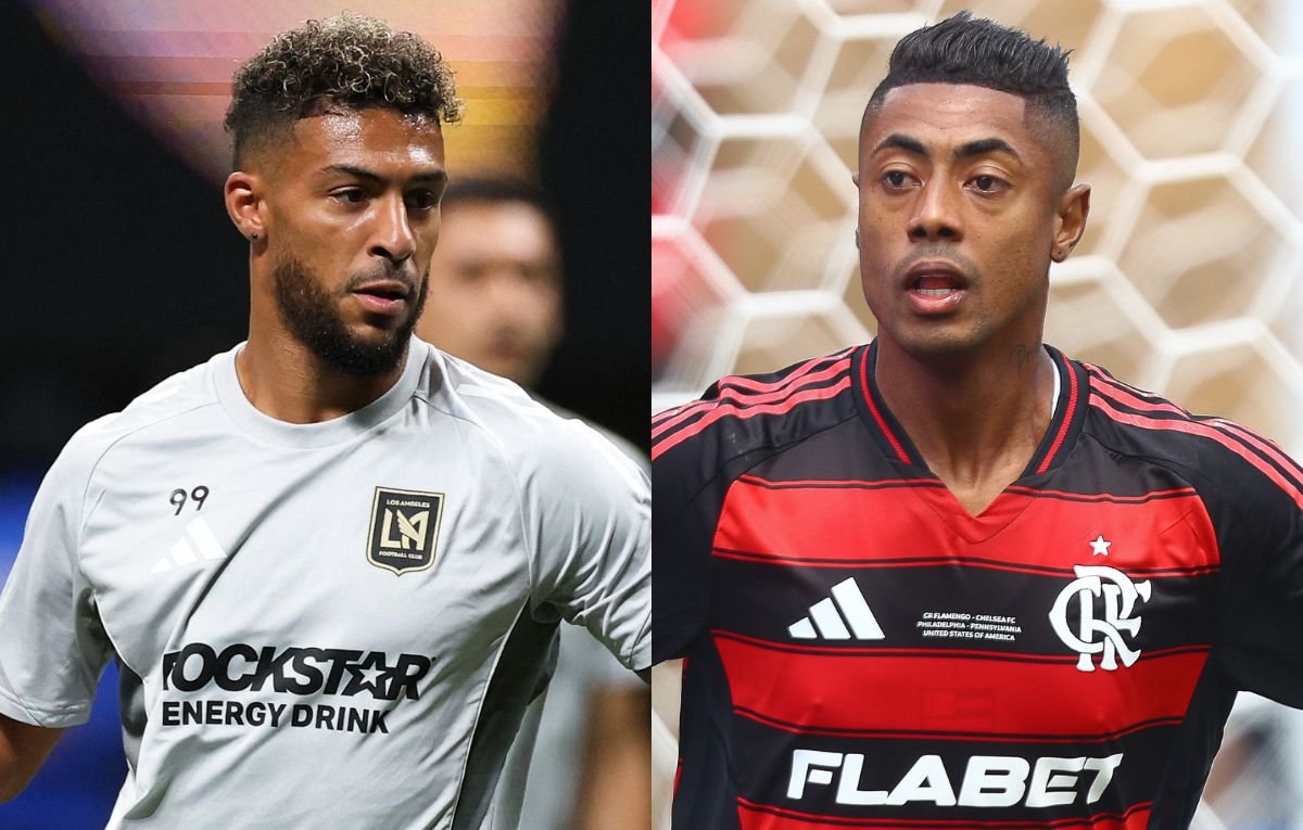 Bouanga, do Los Angeles FC, e Bruno Henrique, do Flamengo (foto: Kevin C. Cox / GETTY IMAGES NORTH AMERICA / Getty Images via AFP e Gilvan de Souza/Flamengo)