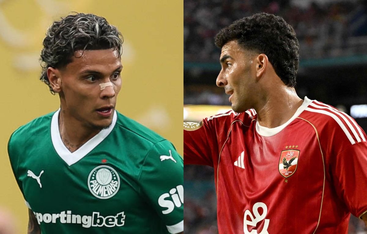 Richard Ríos, do Palmeiras, e Zizo, do Al Ahly (foto: Cesar Greco/Palmeiras/by Canon e PATRICIA DE MELO MOREIRA / AFP)