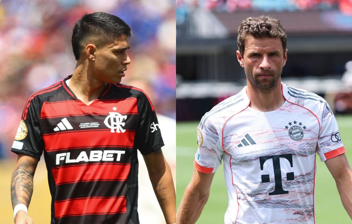 Luiz Araújo, do Flamengo, e Thomas Muller, do Bayern de Munique (foto: Gilvan de Souza/Flamengo e Kevin C. Cox / GETTY IMAGES NORTH AMERICA / Getty Images via AFP)