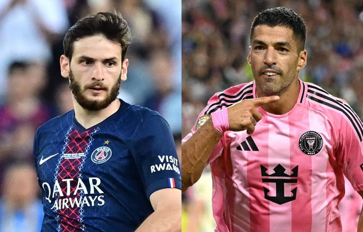 Kvaratskhelia, do PSG, e Suarez, do Inter Miami (foto: Frederic J. Brown / AFP e PATRICIA DE MELO MOREIRA / AFP)