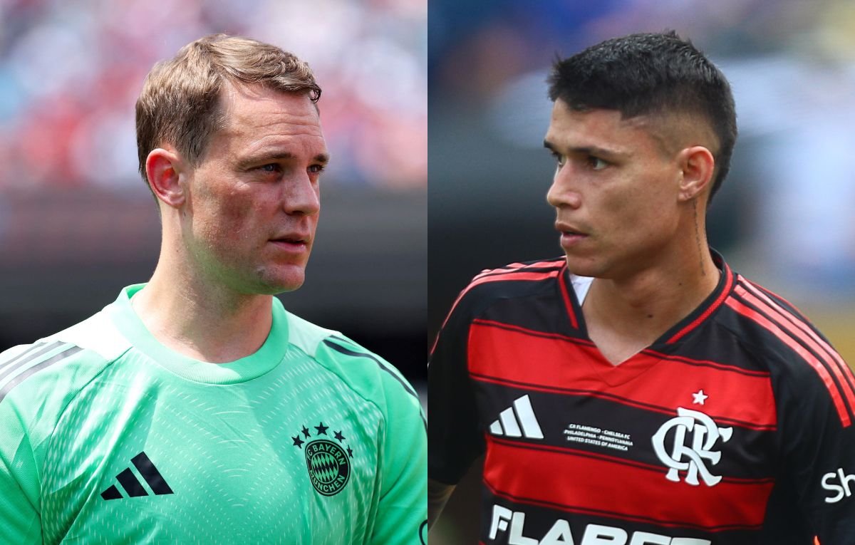 Manuel Neuer, goleiro do Bayern de Munique, e Luiz Araújo, atacante do Flamengo (foto: Kevin C. Cox / GETTY IMAGES NORTH AMERICA / Getty Images via AFP e Gilvan de Souza/Flamengo)