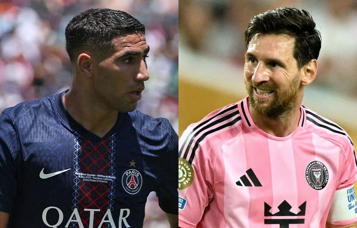 Hakimi, do Paris Saint-Germain, e Messi, do Inter Miami (foto: Harry How/Getty Images/AFP e PATRICIA DE MELO MOREIRA / AFP)