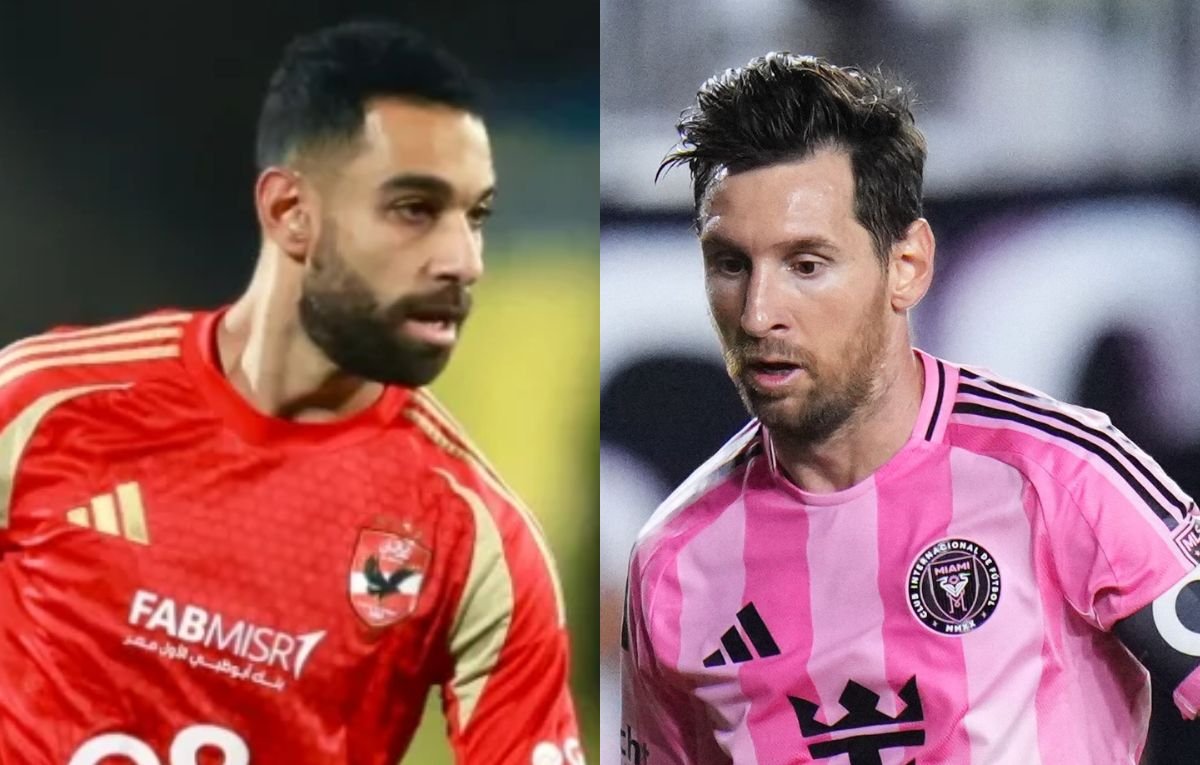 Amrelsoulia, do Al Ahly, e Lionel Messi, do Inter Miami (foto: Divulgação/Al Ahly e Rich Storry / GETTY IMAGES NORTH AMERICA / Getty Images via AFP)