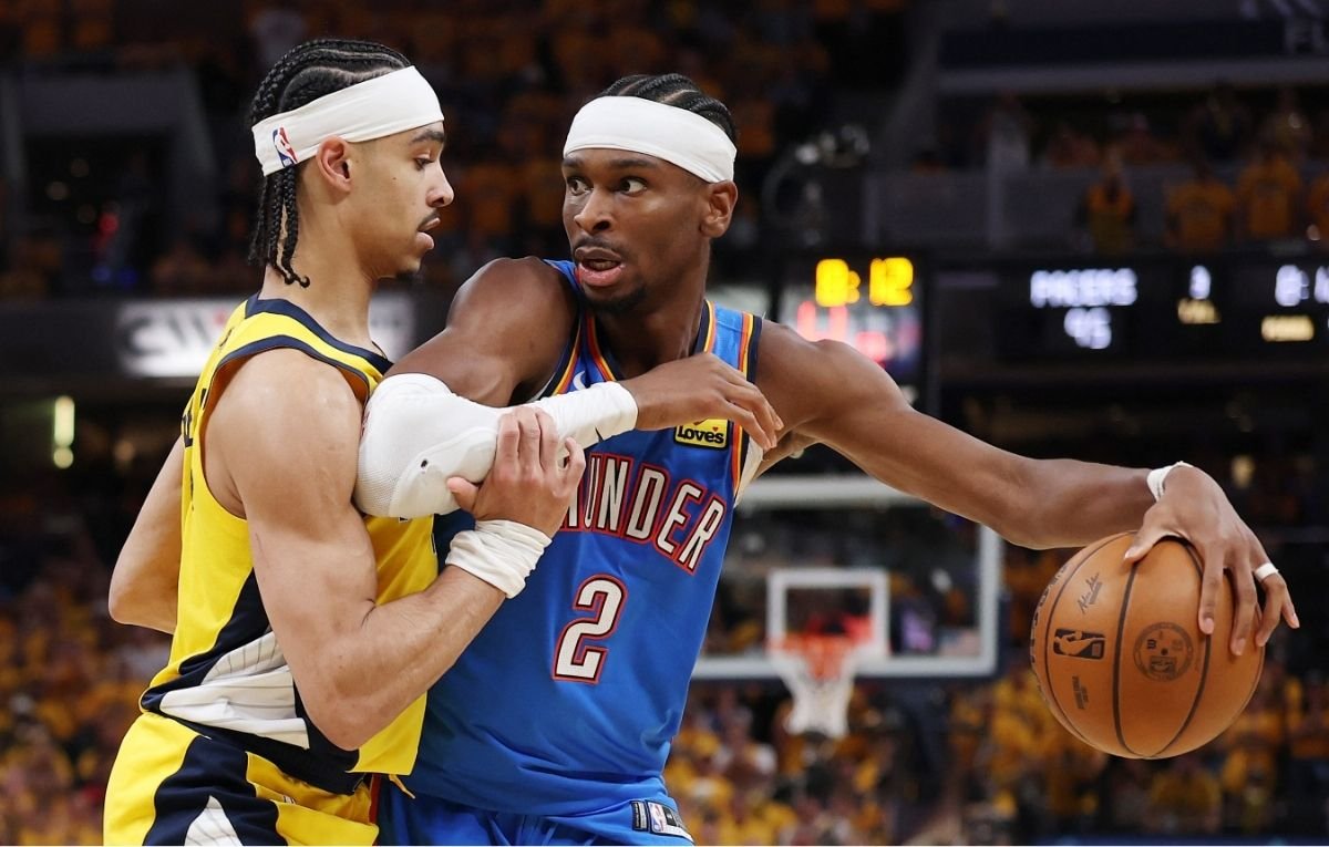 Andrew Nembhard e Shai Gilgeous-Alexander no jogo 3 da final da NBA (foto: Maddie Meyer / GETTY IMAGES NORTH AMERICA / Getty Images via AFP)