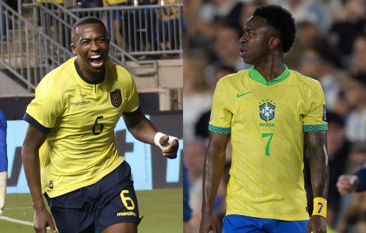 Willian Pacho, do Equador, e Vinicius Júnior, do Brasil (foto: Divulgação e JUAN MABROMATA / AFP)