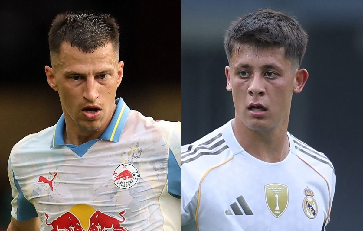 Lainer, do RB Salzburg, e Arda Guler, do Real Madrid (foto: Michael Reaves/Getty Images/AFP e Richard Pelham/Getty Images/AFP)