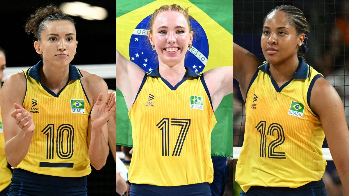 Gabi Guimarães, Júlia Bergmann e Ana Cristina, ponteiras da Seleção Brasileira Feminina de Vôlei (foto: Natalia KOLESNIKOVA / AFP)