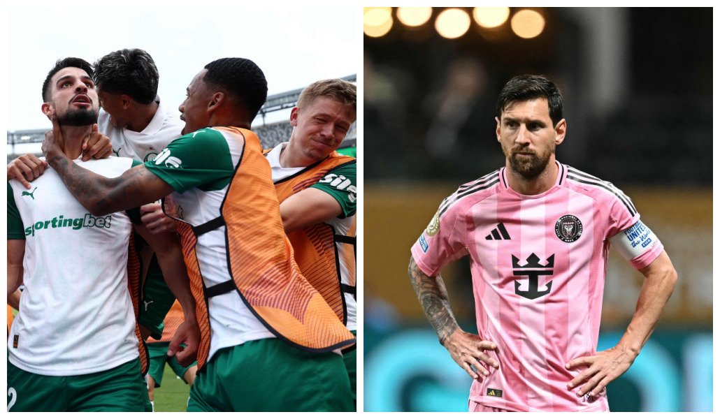 Palmeiras x Messi (foto: Montagem de fotos: FRANCK FIFE / AFP e Paul ELLIS / AFP)