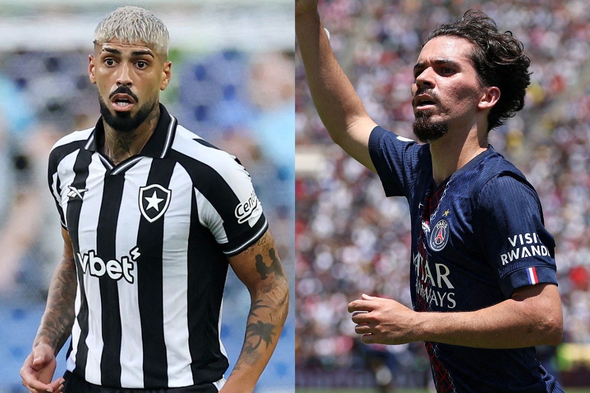 Barboza, zagueiro do Botafogo, e Vitinha, meio-campista do PSG (foto: BUDA MENDES/AFP e HARRY HOW/AFP)