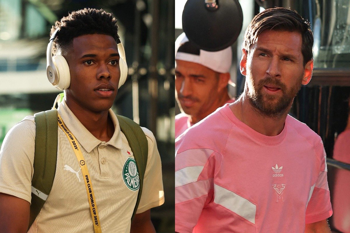Estevão, jogador do Palmeiras, e Messi, do Inter Miami (foto: DAN MULLAN/AFP)