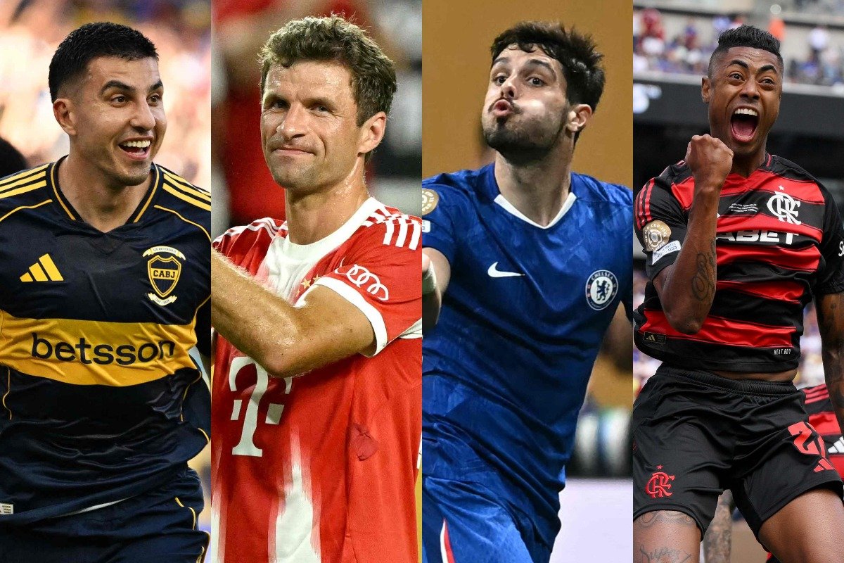 Jogadores de Boca Juniors, Bayern de Munique, Chelsea e Flamengo durante partidas do Mundial de Clubes (foto: PATRICIA DE MELO MOREIRA/AFP - Paul ELLIS/AFP - DAVID RAMOS/AFP)