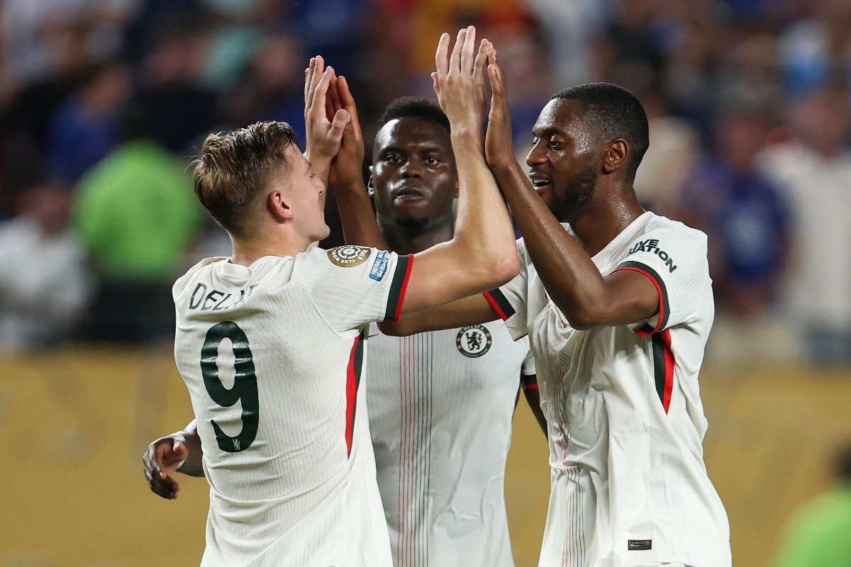 Jogadores do Chelsea comemoram gol no Mundial de Clubes (foto: FRANCOIS NEL/AFP)