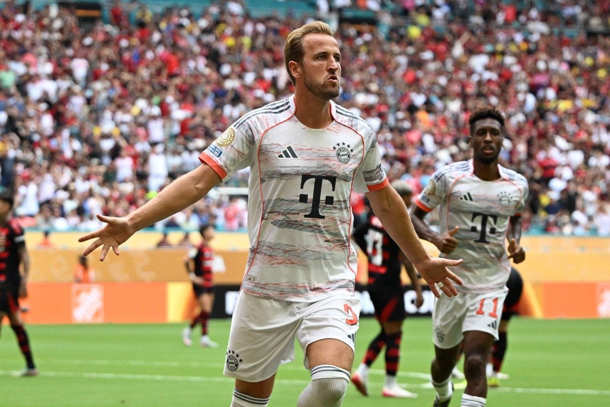 Harry Kane comemora gol contra o Flamengo no Mundial de Clubes (foto: PATRICIA DE MELO MOREIRA/AFP)