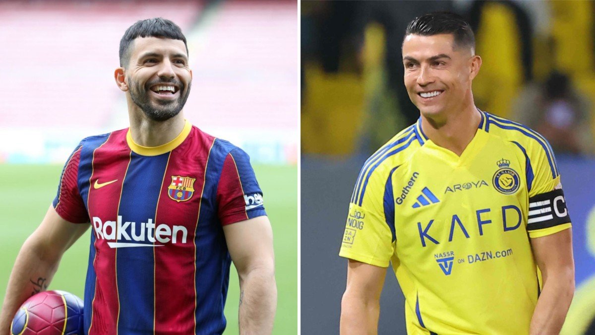 Fotos de Aguero com a camisa do Barcelona e de Cristiano Ronaldo com a camisa do Al-Nassr (foto: Barcelona/Divulgação e Fayez Nureldine/AFP)